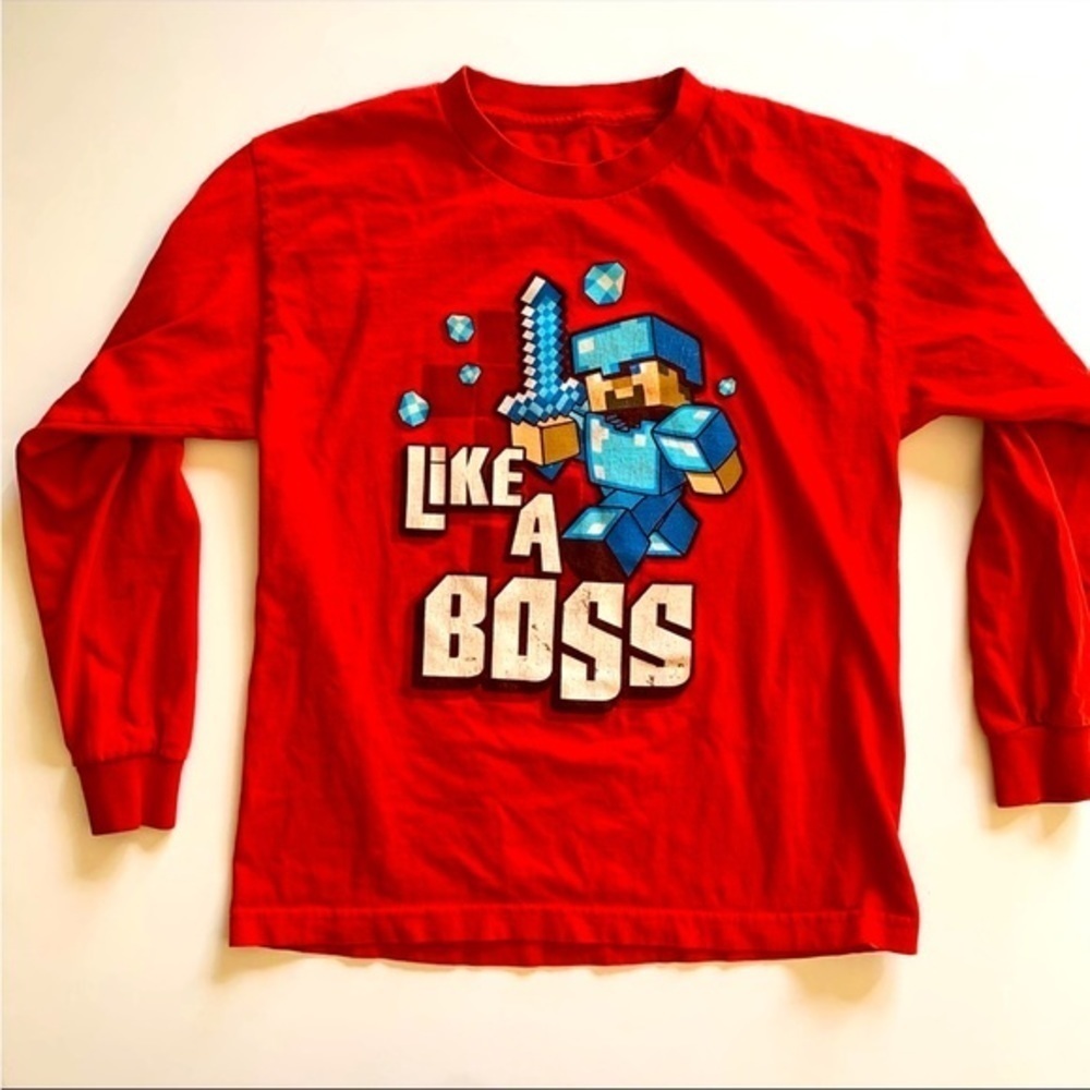 Boys Mojang Jinx  Long Sleeve Red T-Shirt Minecraft Like A Boss Size YL